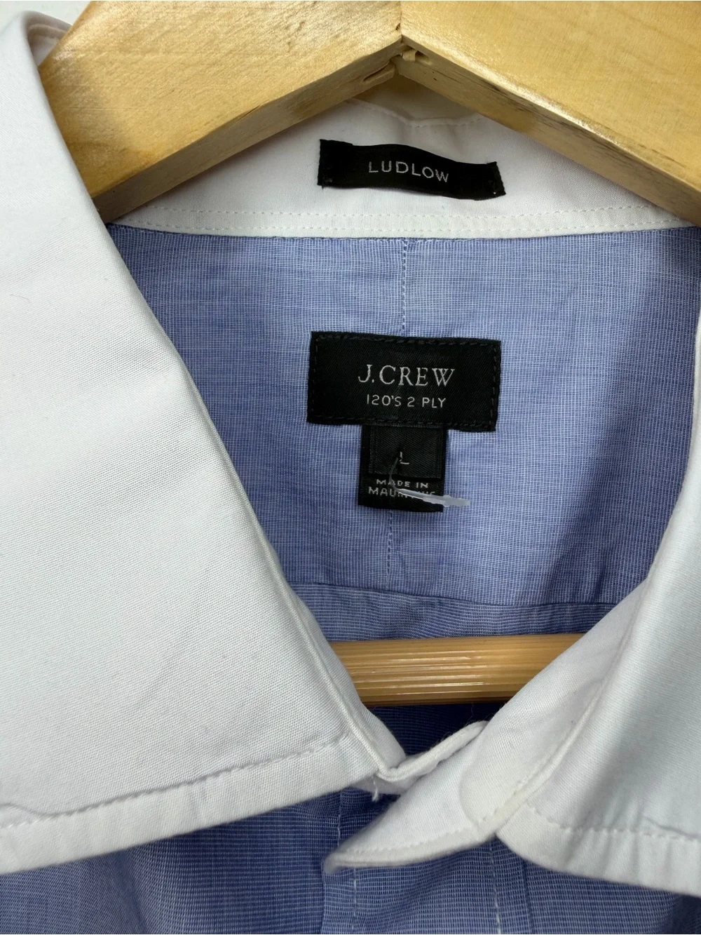 J. Crew 120’s 2 Ply Light Blue Dress Shirt with White Contrast Collar, size L